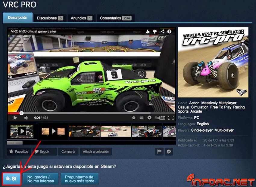 VRC Pro en Steam, plataforma de juegos para PC